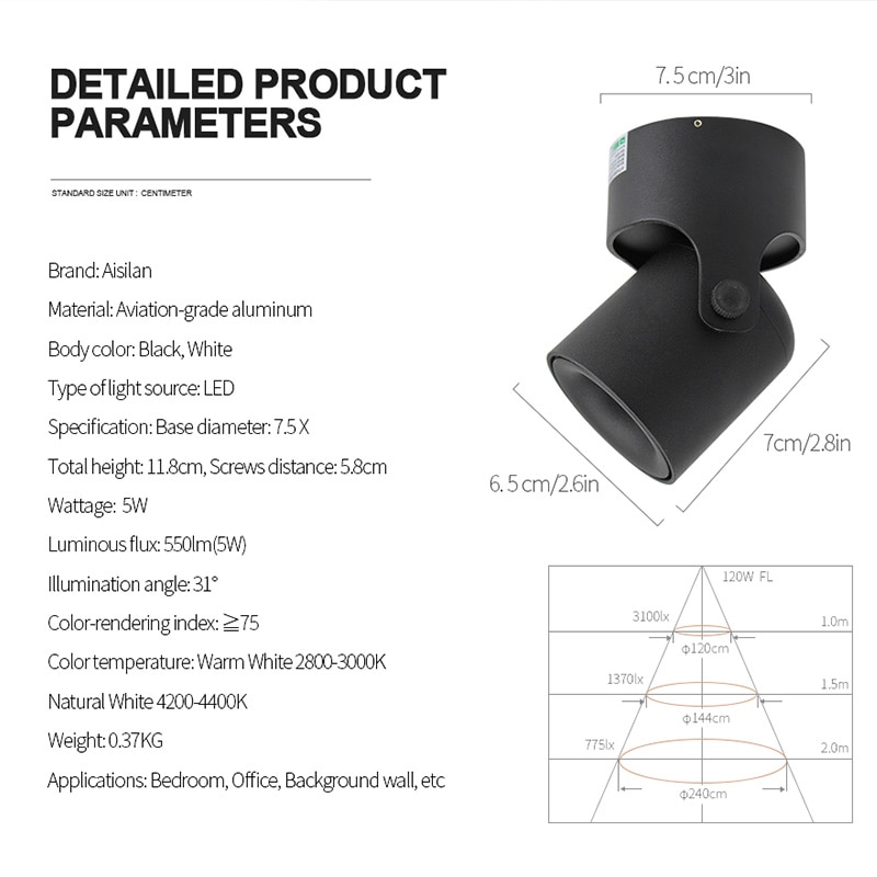 Aisilan ledet taklampe spot light downlight overflatemontert cob bakgrunnslys justerbar 180 grader foajé soverom lys