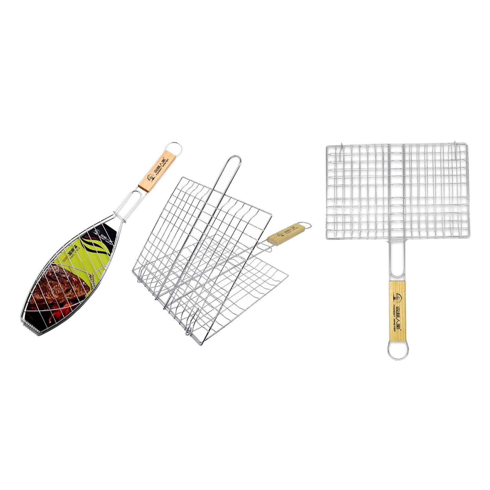 Stainless Steel Grill Basket Barbecue Grill Basket with Wooden Handle for Meat