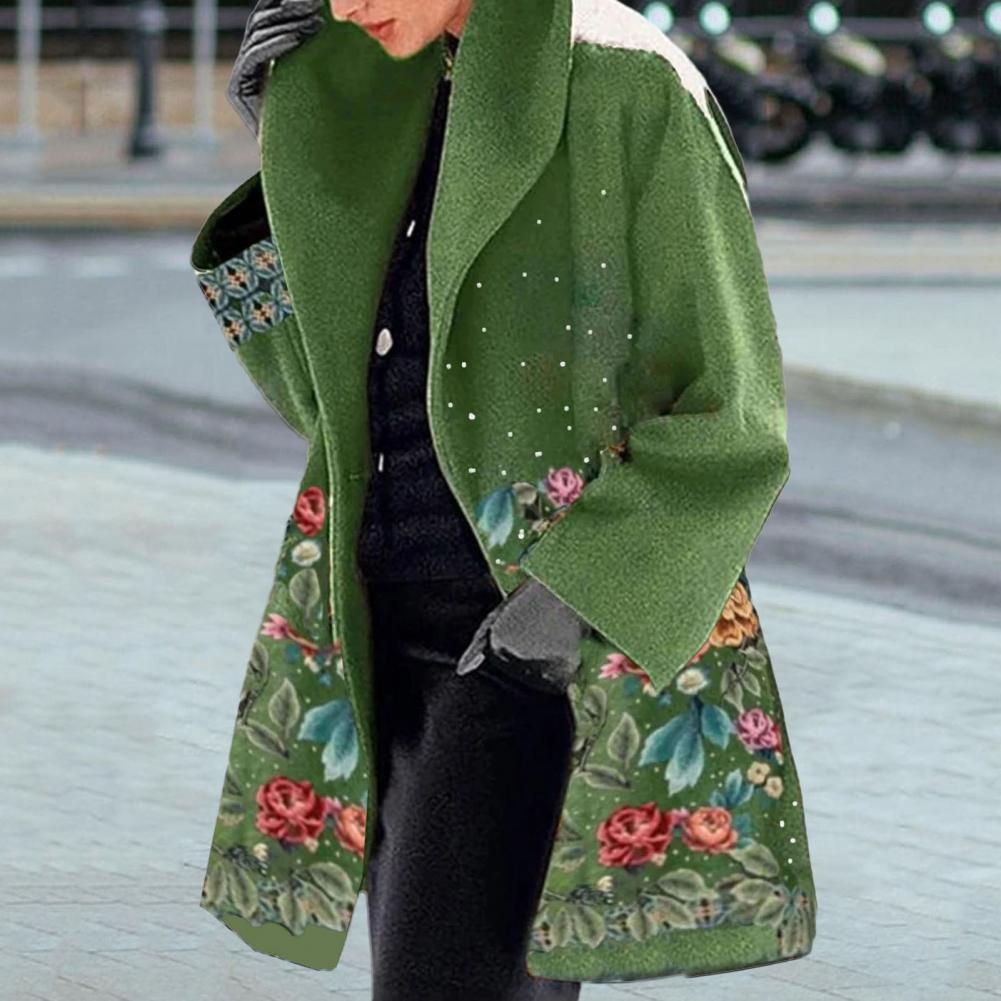 Spring Jacket Flower Print Women's Fall Winter Overcoat with Turn-down Collar Plus Size Mid Length Loose Thick Warm Long