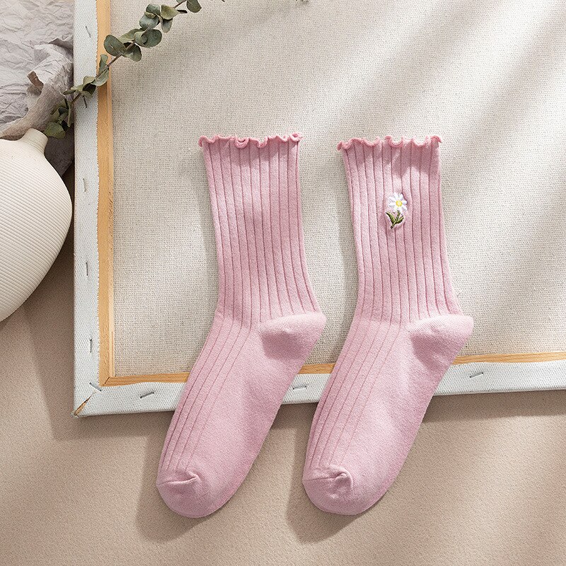 CHAOZHU Summer Spring Thin Loose Socks Daisy 8 Colors Long Women Sox Sweet Cute Cotton Knitting Rib Korea Japanese: pink