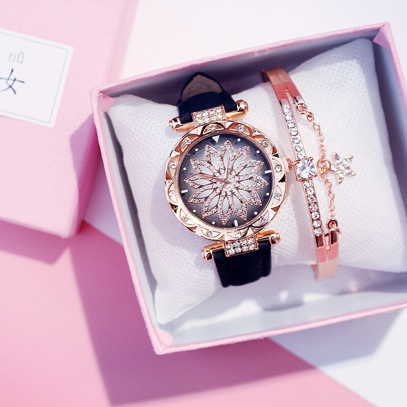 Women Watches Set Starry Sky Ladies Bracelet Watch Casual Leather Sports Quartz Wristwatch Clock Relogio Feminino: Black With Bracelet