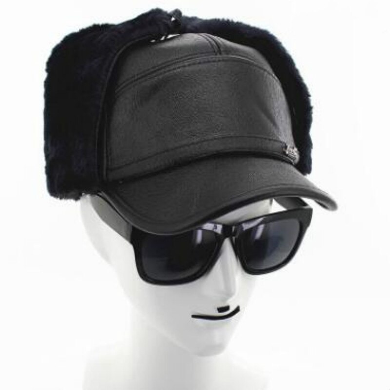 Que en la ducha hombres viejos PU bombardero sombrero grueso cálido PU orejera gorra snapback faux gorro para invierno de piel abuelo Rusia hueso negro gris: PU black2