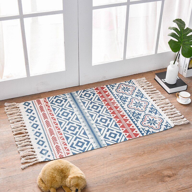 Retro boho håndvævet bomuld linned tæppe tæppe sengebord tæppe geometrisk gulvmåtte stue soveværelse tæppe indretning boligindretning