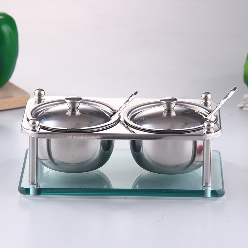 kitchen supplies stainless steel dressing box set, glass support spice jar seasoning bottle salt and pepper: Light Grey