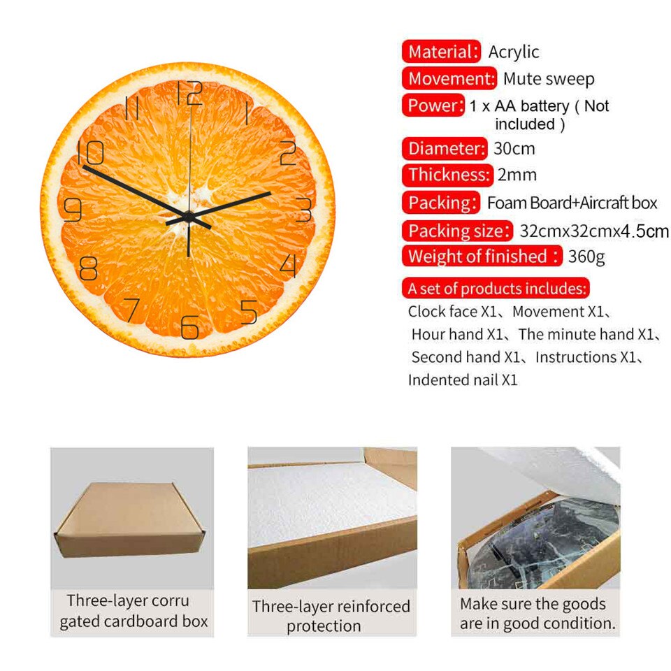 Horloge murale Orange moderne | Montre silencieuse, acrylique, chambre à coucher, salon, horloge de fruits, décor de maison, lasser bairam
