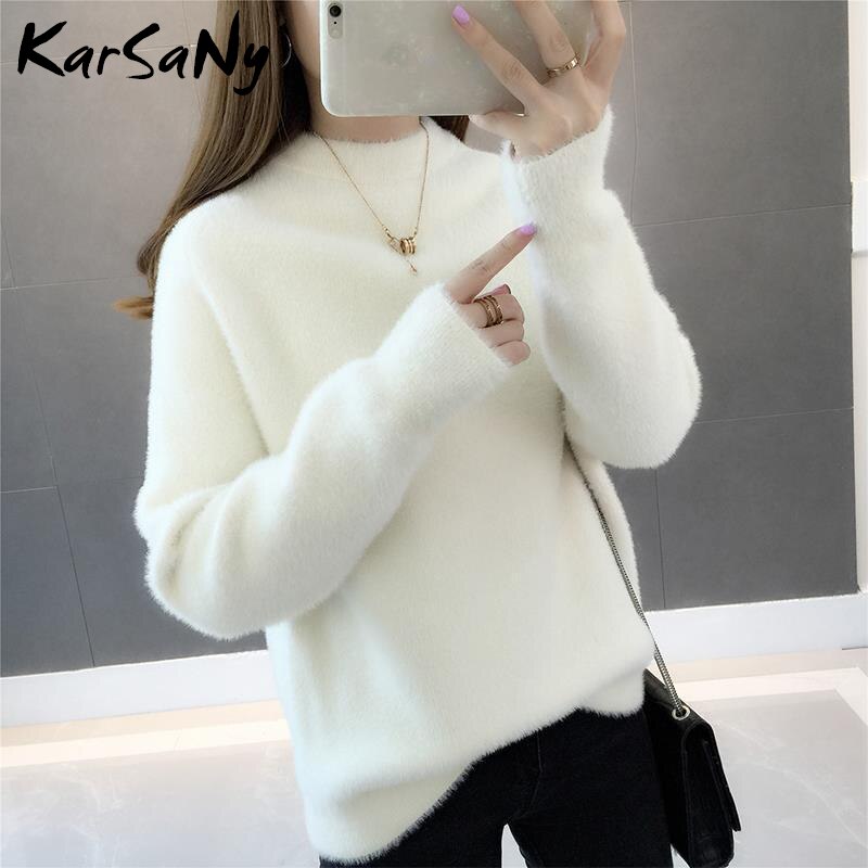Fluffy mohair sweatere til kvinder vinter varm hvid trøje tyk blød strikket trøje kvinder solid løs sweater hun: Hvid