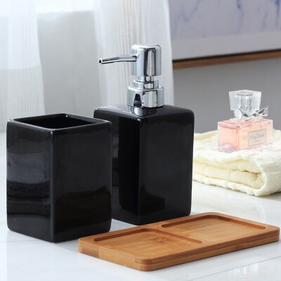 Ceramic Soap Dispenser White Black Bottle Hotel Bathroom Shower Gel Hand Sanitizer Bottle with Bamboo Tray 320ml: 5