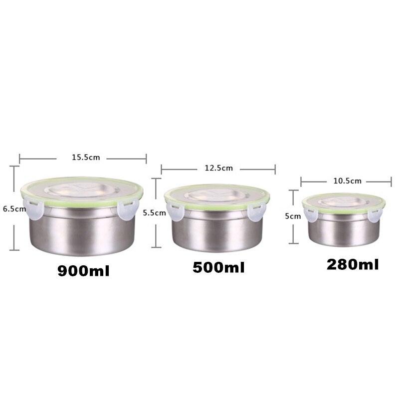 3Pcs Round Lunch Box Stainless Steel Lunch Box 280/500 / 900Ml Leakproof Lunch Box
