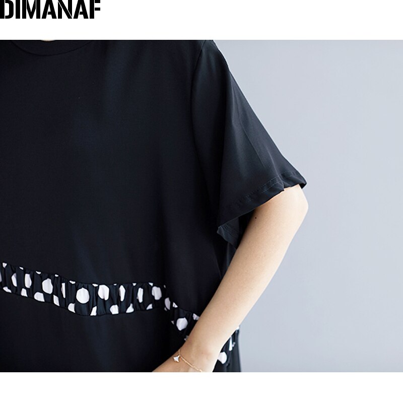 Dimanaf verão feminino plus size vestido de impressão ponto preto emendado casual feminino vestidos moda tamanho grande vestido solto a linha 2020