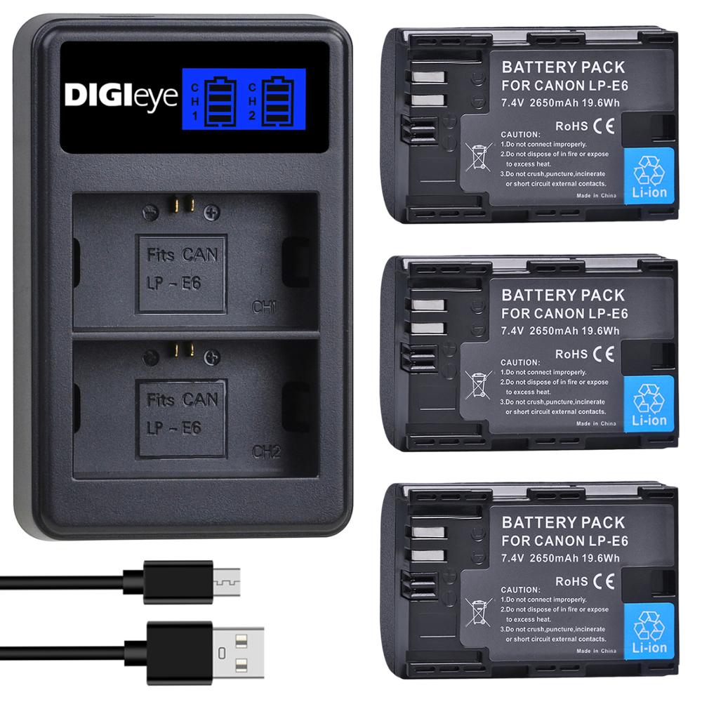 4 Uds 2650mAh LP-E6 LP-E6N batería + LCD cargador Dual para Canon EOS 5D Mark II 5D Mark III 5DS 5DS R 6D 6D 7D 7D 80D cámaras: 3 battery set