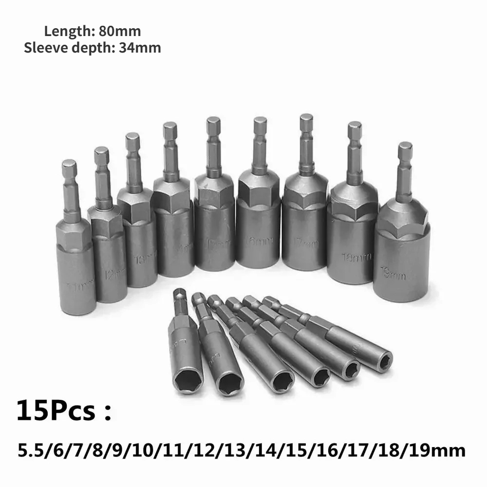 Krachtige 65mm/80mm/150mm douilles à douille hexagonale jeu de pilotes d'écrou pilotes d'écrou pilotes électriques perceuses électriques pilotes à percussion outils de réparation: Grey