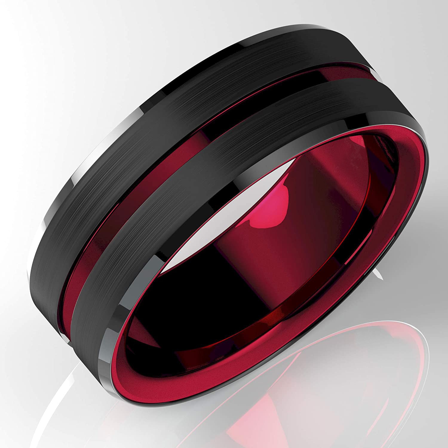 Men's 8MM Black Brushed Ladder Edge Tungsten Steel Ring Red Groove Wedding Ring Men’s Valentine