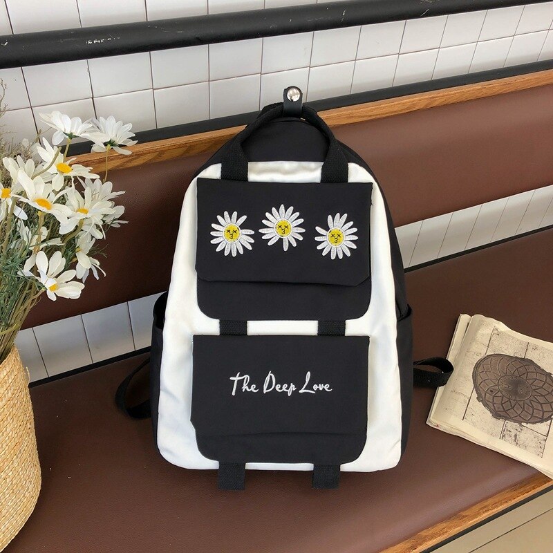 Kleine Daisy Borduurwerk Korea Packpacks Japan Bloem Junior College Hoge Tiener Schooltassen Eenvoudige Boekentas Mochilas Mujer: Black