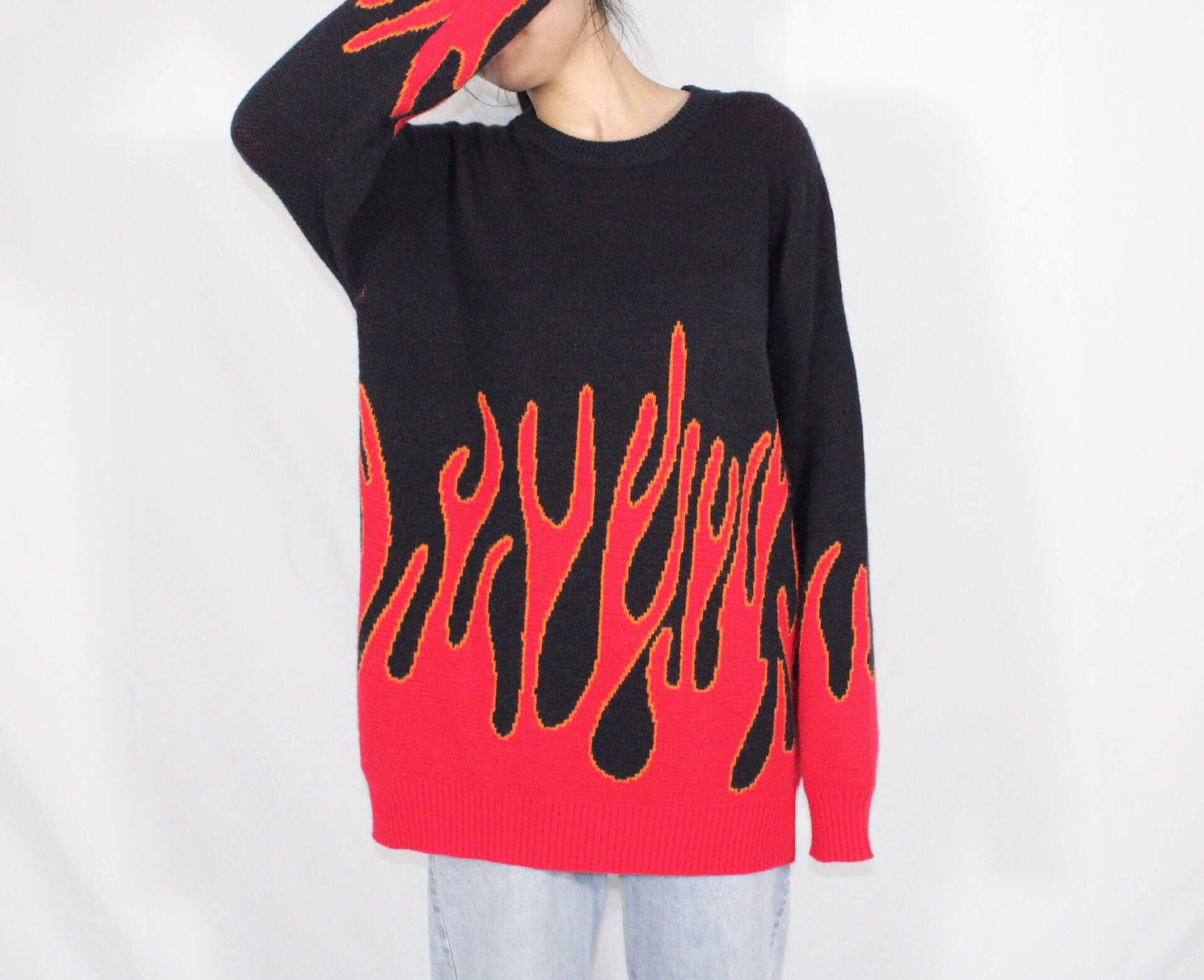 Woherb løst harajuku kvinder mand trøje strik top forår efterår flamme jacquard streetwear pullovere plus size vinter