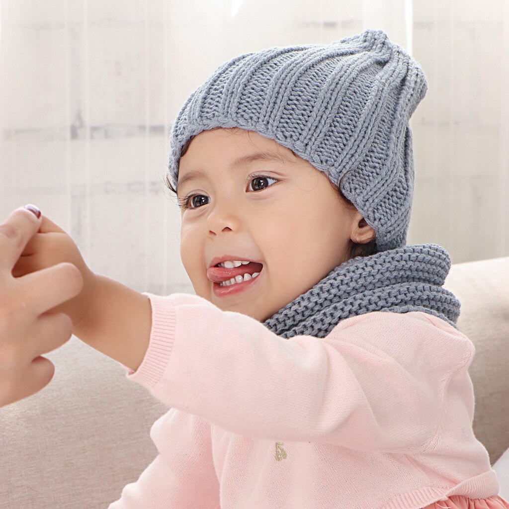 Pure color hat and scarf for children solid acrylic kid hat with a scarf knit girls boy hats scarves set winter accessories: 5