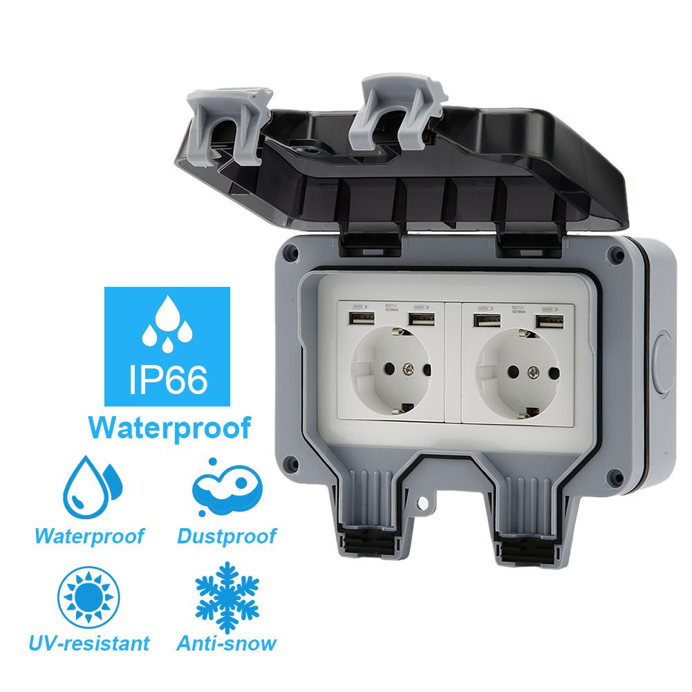 Outdoor Socket IP66 Weatherproof High-performance Plug Base for Indoors Outdoors With Lockable Cover 220V 250V: Double