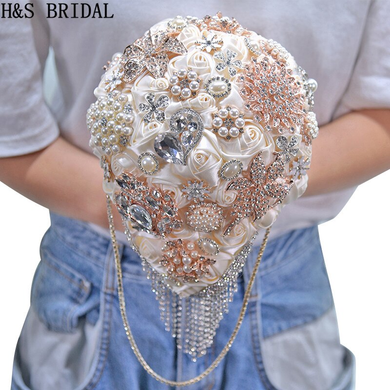 H &amp; S BRIDAL Teardrop Bruidsboeket Rose Bruids Bloem Boeket Handgemaakte Crystal Bruidsboeket Waterval boeket de mariage