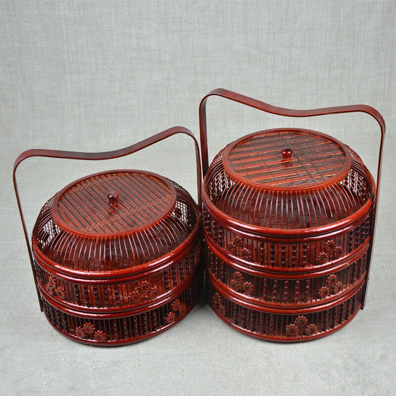 1PC Chinese style Portable bamboo double-layer wedding fruit bamboo basket 25.5x24cm