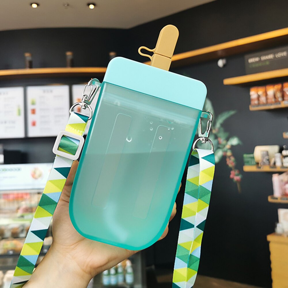 Cute Popsicle Ice Bar Water Bottle Transparent Juice Drinking Cup With Straw Strap Belt Popsicle Bottle With Straw Popsicle Wate: blue