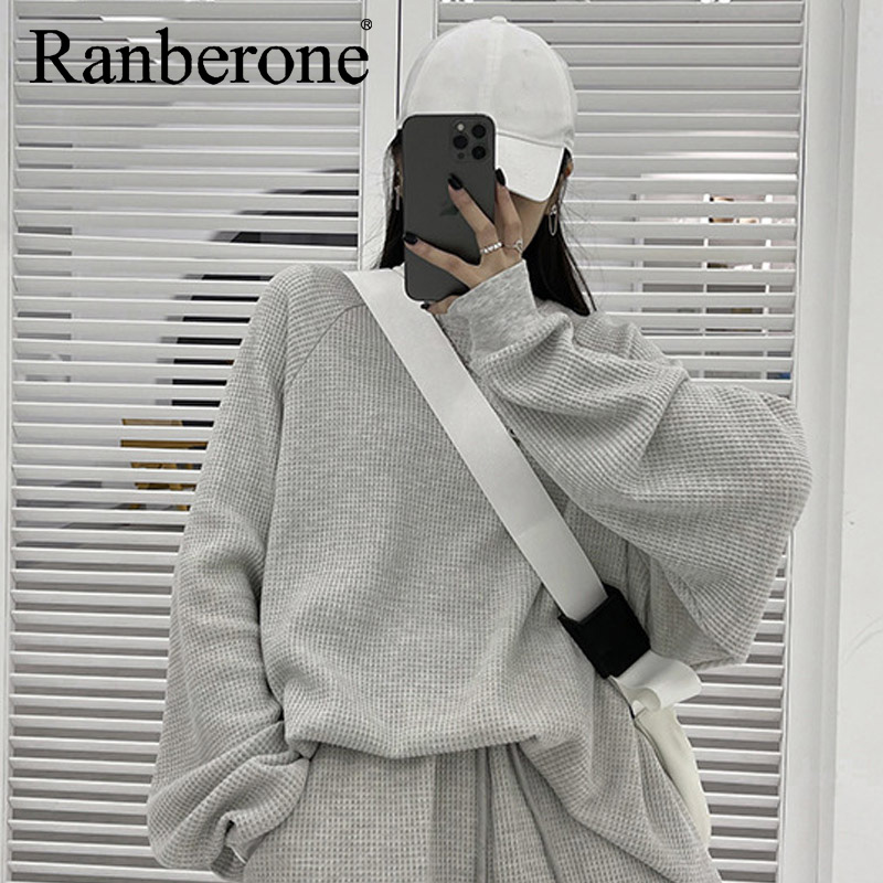 Ranberone Women Tracksuits Hip Hop Casual Two Piece Sport Suits Pullover Sweater Loose Shorts Women Streetwear Outfits Solid Set