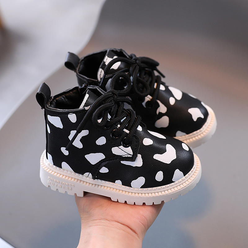 Meisjes Spotted Lederen Laarzen Non-Slip Zachte Bodem Side Rits Lederen Laarzen Waterdichte Warme Enkele Schoenen En Najaar jongens: Black / 30