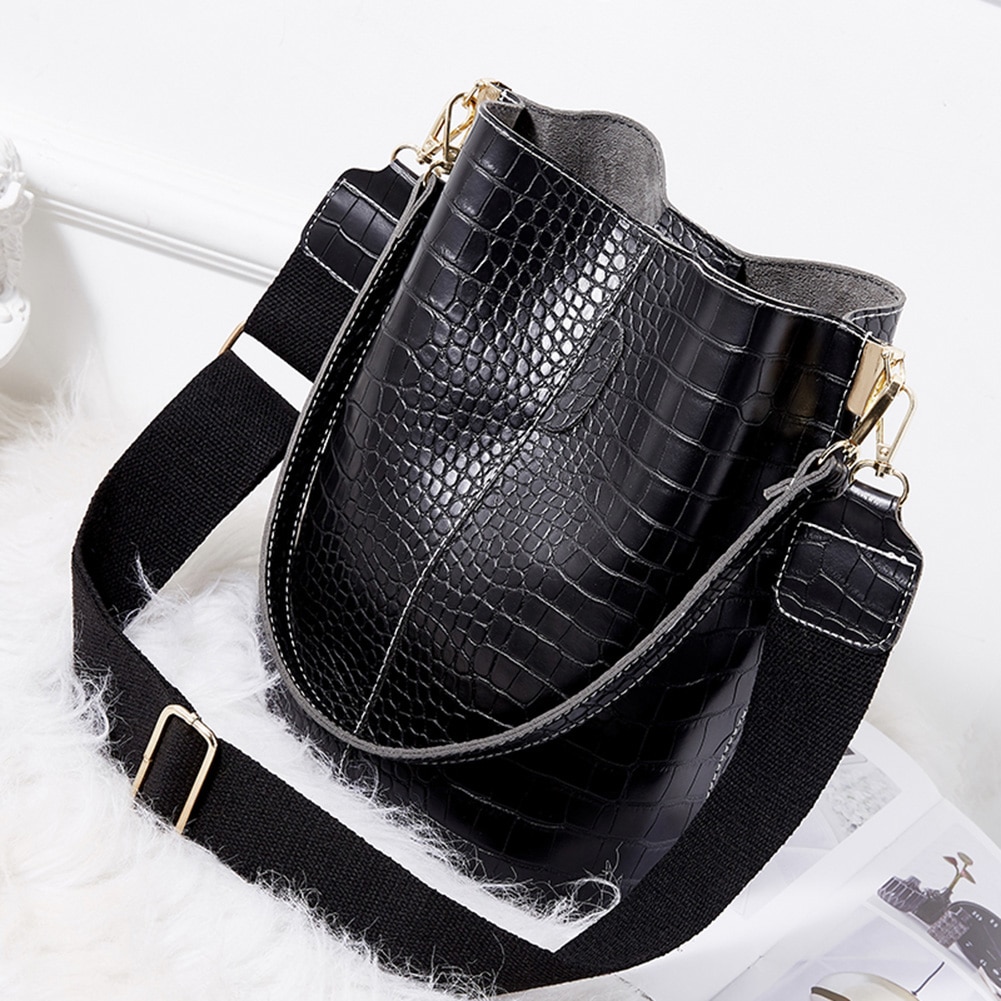 Vintage Casual Bucket Bags for Women Shoulder Bag Crocodile Pattern PU Leather Messenger Bag Big Tote Popular Style