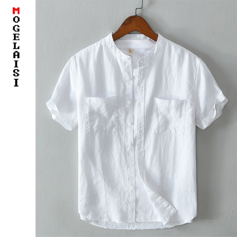 100%  linne vit skjorta herr kortärmade toppar sommar solid andas skjorta två fickor camisa masculina 560