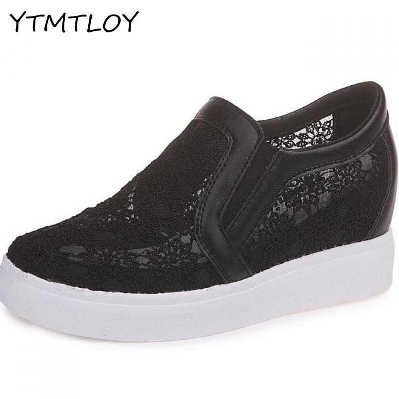 Damesko air mesh kvinde loafers flade platforme kvindesko casual wedges damesko højdeforøgende fodtøj: Sort / 36