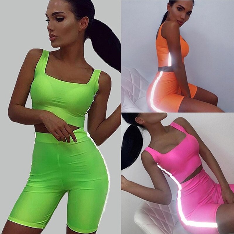 Reflective Stripes Cropped Top And Shorts Tracksuits Women Two Piece Set 2pcs Sportswear Gym Workout Sports Yoga Running Set