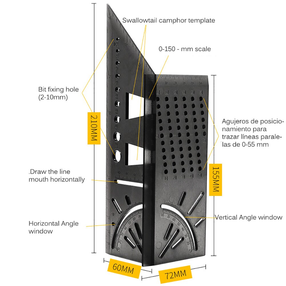 3D Hoek Meten Vierkante Houtbewerking Scribe Meten Heerser Meten Tool Met Gauge En Heerser