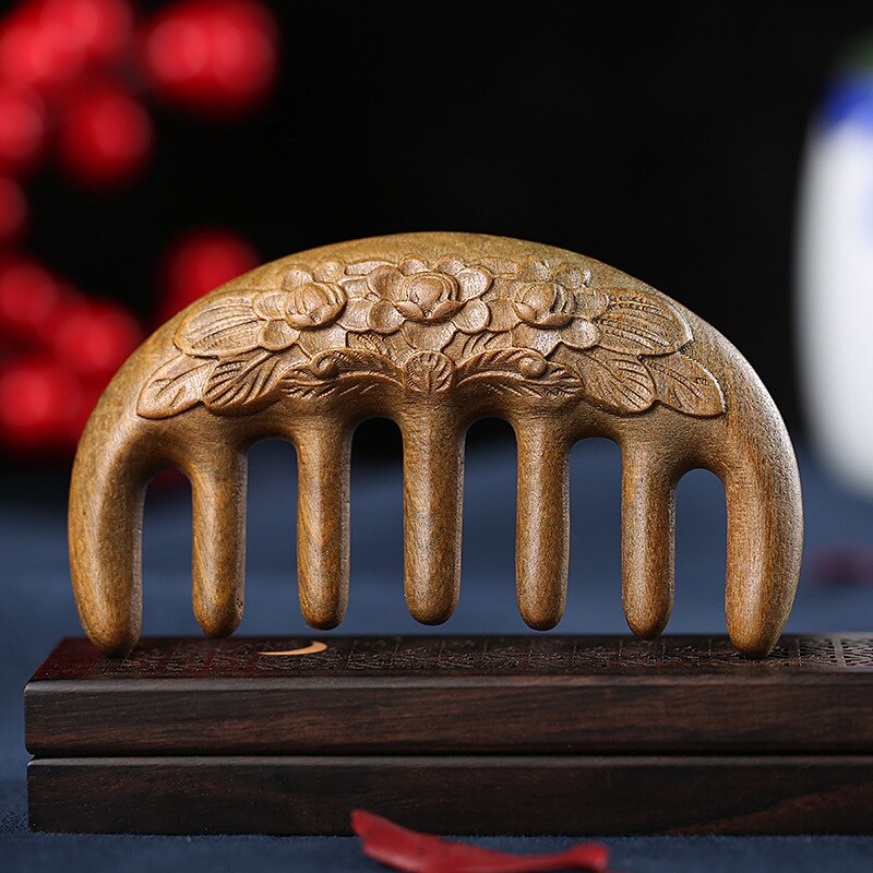 Green Sandalwood Massage Comb Carved Lotus Head Meridian Scraping Wide Tooth Comb Blood Circulation Acupoint Gua Sha Health Care