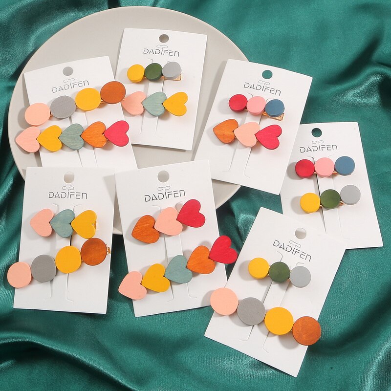 2 unids/lote Vintage de madera colorida pinzas de pelo para mujeres geométrico forma de corazón redonda de horquilla de pelo accesorios estilo