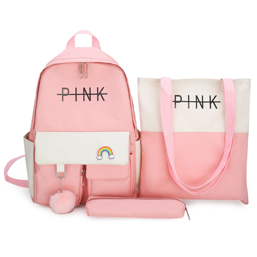 3 Pièces/ensemble Mignon Toile Sacs D'école Pour Adolescent Filles Étudiants Sac Femmes Voyage Sacs À Dos D'ordinateur Portable Femelle Sacs À Bandoulière: Pink Set