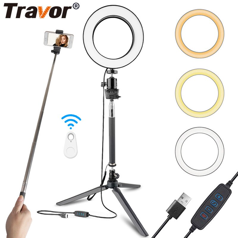 Travor Fotografie LED Selfie Ring Licht Dimbare Foto Video Light met Statief Telefoon Houder Voor Make Video Live Studio: RL-6