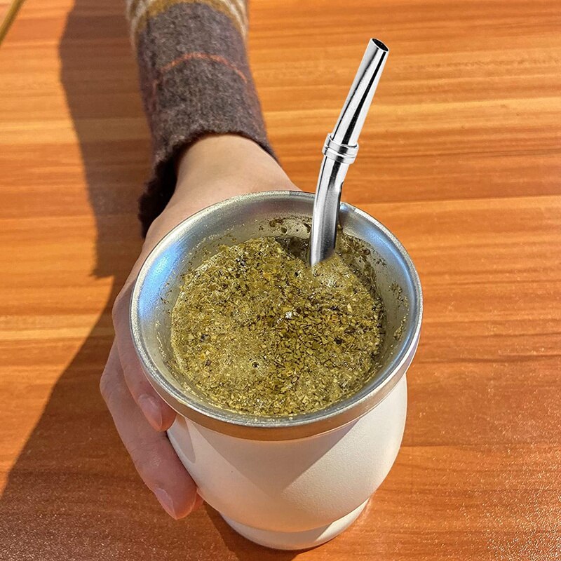 Double-Wall Stainless Yerba Mate Gourd Tea Cup Set Coffee Water Cup With 2 Bombillas Straws Spoon ＆ Clean Brush