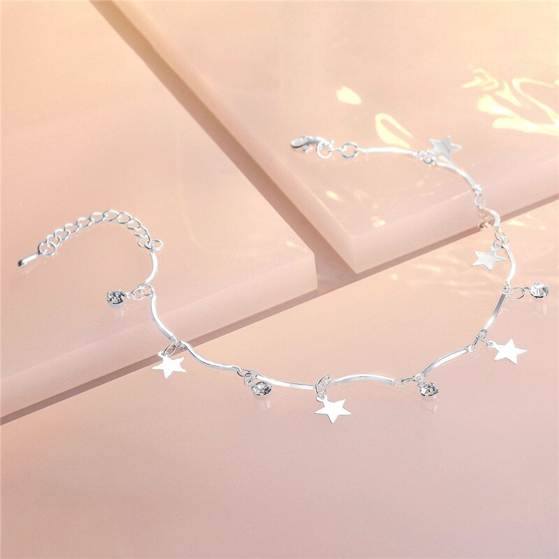 925 Sterling Silver Anklets For Women Jewelry Crystal Star Bracelets Girls Princess Accessories Foot Charm