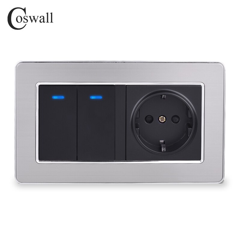 Coswall EU Standard Wall Socket + 2 Gang 2 Way On / Off Pass Through Light Switch With LED Indicator Stainless Steel Frame: Default Title