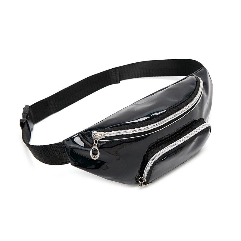 Fanny pack women PU leather waist bag sequins shoulder messenger chest bag coin belt purse phone bag key pouch: Black3