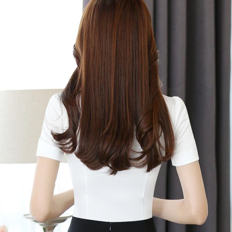 Clothes Bow Tie Women Shirt OL Summer Formal Slim Short Sleeve Chiffon Blouses Office Ladies Plus Size Work Tops