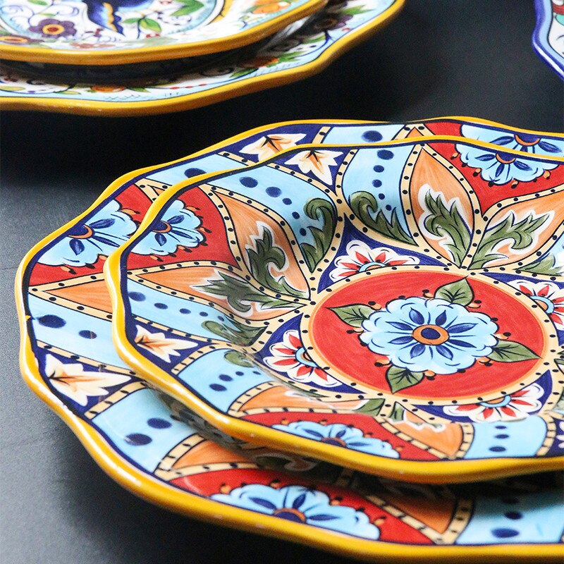 Vajilla de cerámica de estilo étnico, decoración Bohemia para el hogar, postre europeo Irregular, platos de fruta, ensaladas grandes, carne, navidad