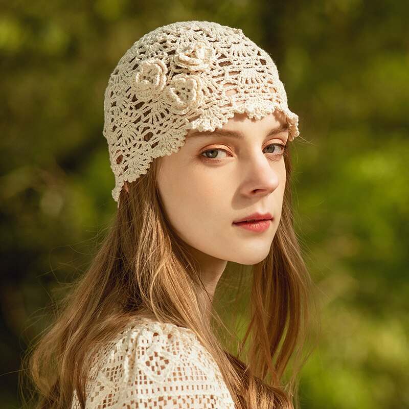 B-7955 Adult Knitting Hats Autumn Casual All-match Flower Beret Hats Lady Sweet Cute Woolen Cap Knitted Hat Adjust: Beige