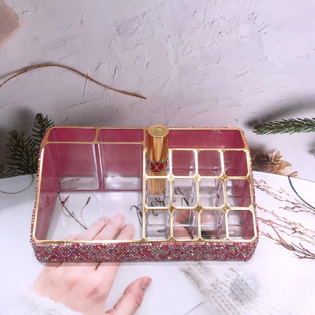 Sparkling Acrylic Box Make Up Organizer All Rhinestones Handmade Bathroom Organizer Plastic Storage Box Dressing Table Storage
