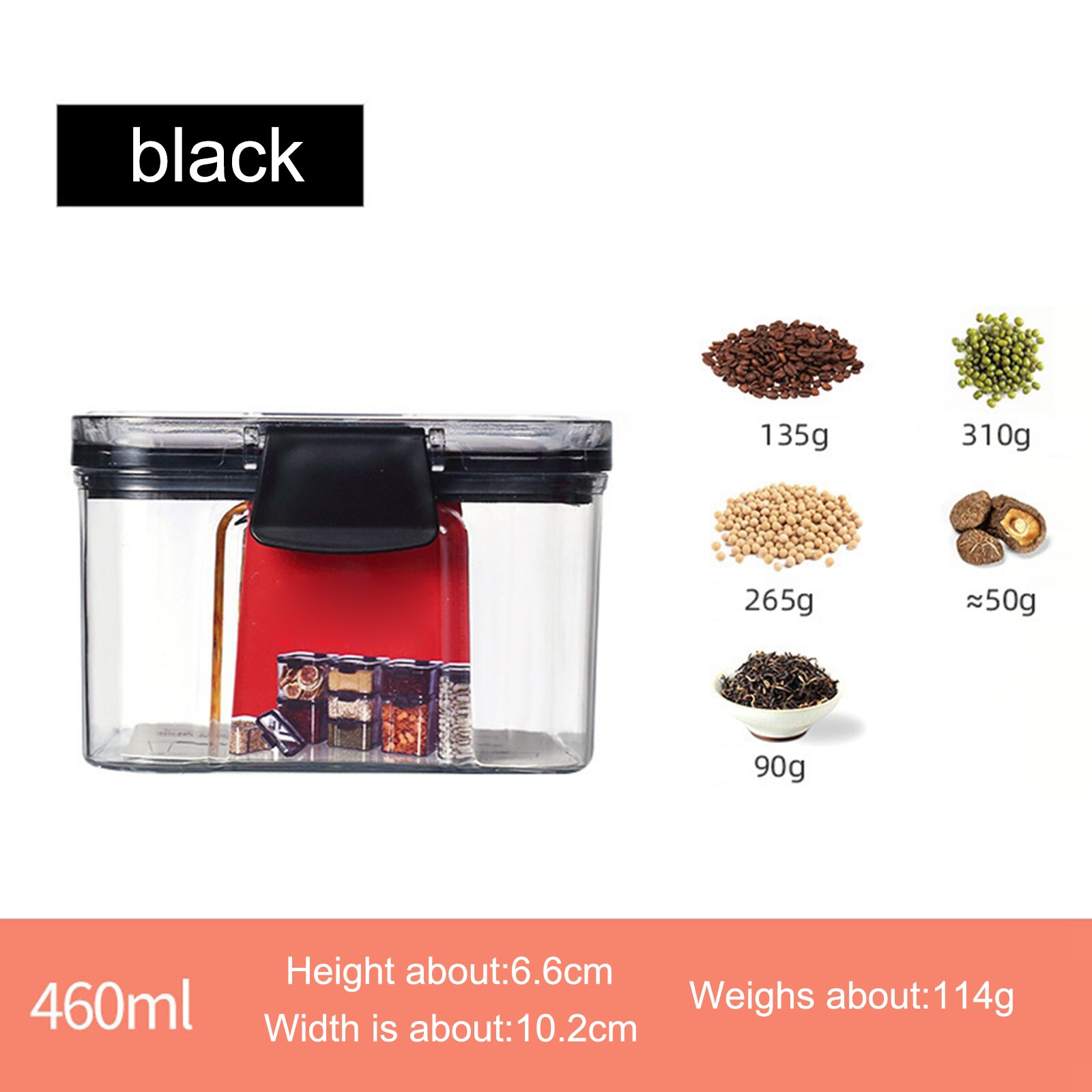 Food Storage Container Kitchen Organizer Box Storage Plastic Transparent Sealed Cans Jars for Spices Fridge Bulk Containers: 460ml Black