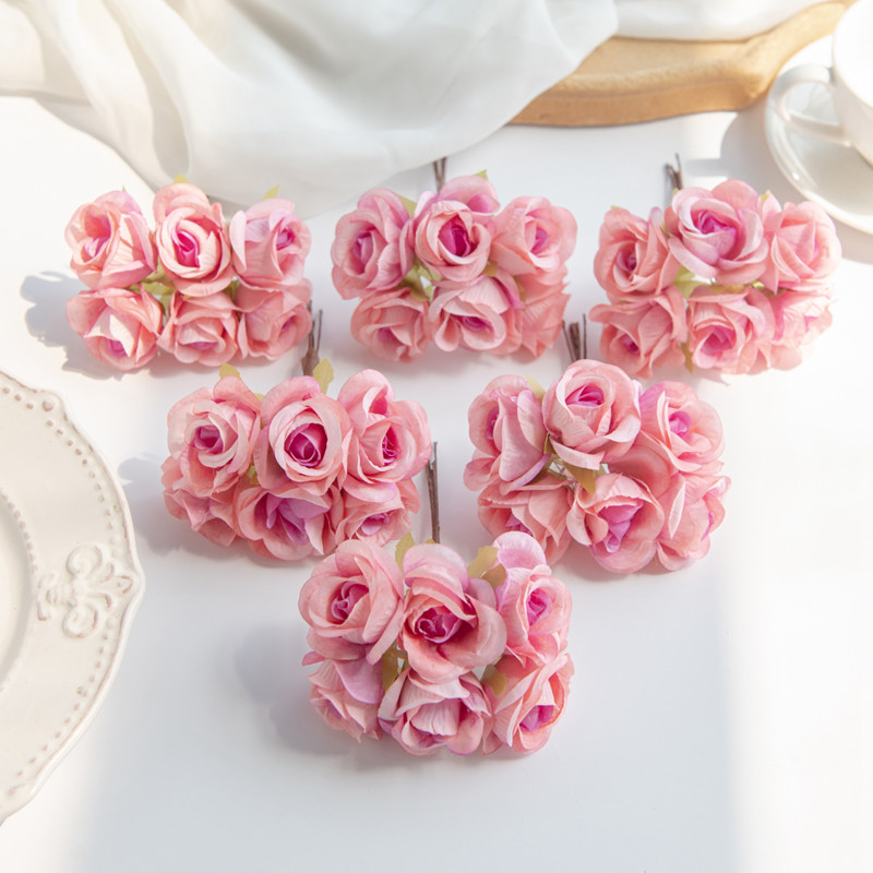 6 unidades de flores artificiales de seda rosa, , guirnaldas navideñas para el hogar, boda, ramo de novias, arco de jardín, decoración de pared, caja de de bricolaje: Rojo
