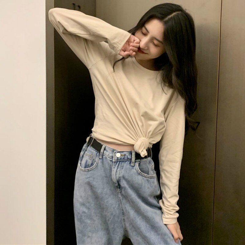 Lange Mouwen T-shirts Vrouwen Solid Simple Basic Casual Mode Ulzzang Studenten O-hals 2XL Zachte Streetwear