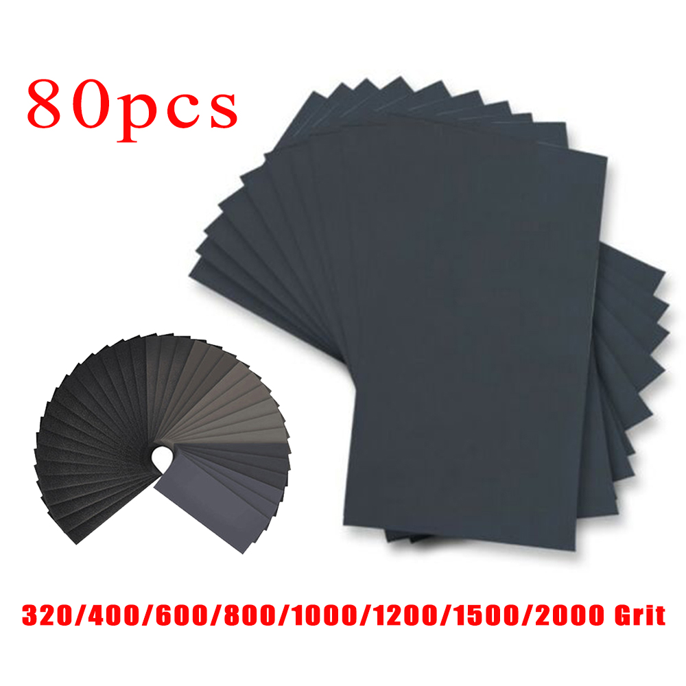 80 Stuks Schuurpapier Nat Of Droog 9*3.6Inch 320/400/600/800/1000/1200/1500/2000 Grit Zwarte Siliciumcarbide Schuurpapier