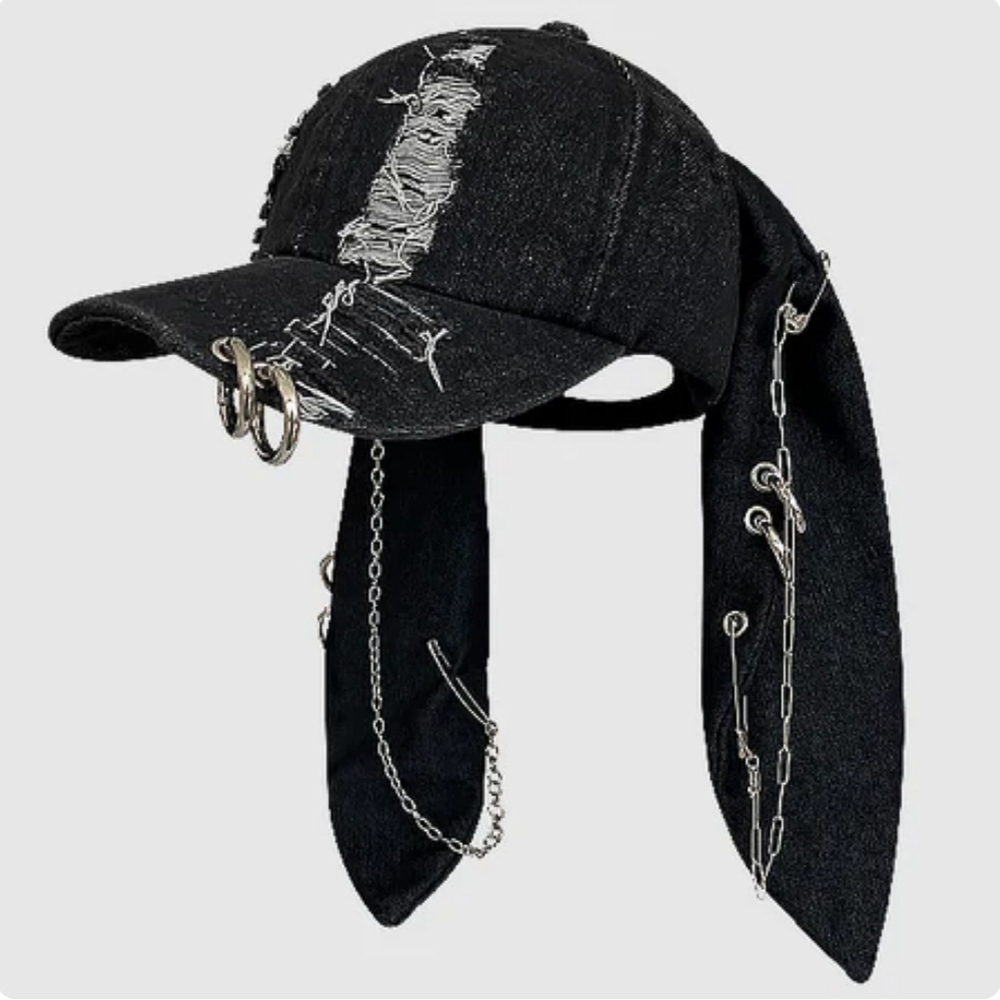 Niche Y2k-Casquette de Baseball Déchirée en Denim avec Oreilles de Lapin pour Homme et Femme, Personnalité Sombre, Anneau en Métal, Tendance de la Rue, Réglable: Black