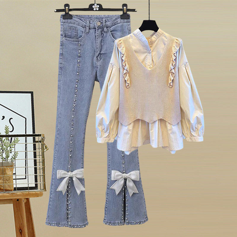 Autumn Ruffle Long Sleeve Knitted Sweater Splice Shirt Bowknot Jeans Two Piece Women's Pants Set: XXL / Beige