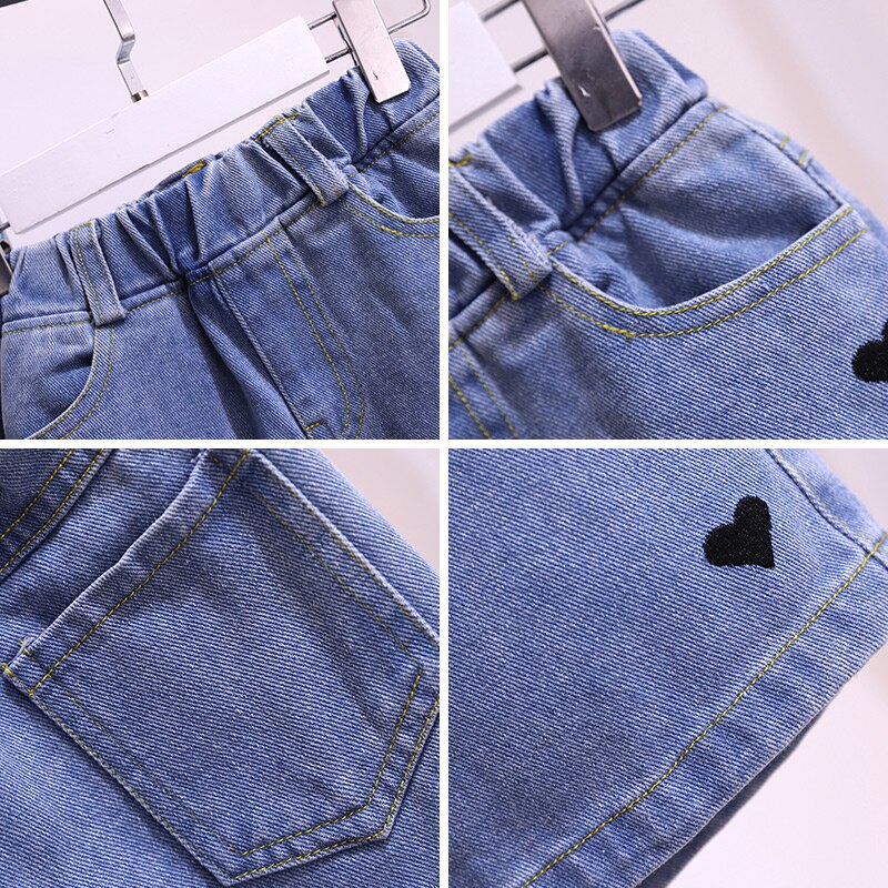 Pantaloncini di jeans per ragazze abbigliamento estate abbigliamento per bambini per adolescenti pantaloncini con stampa a cuore Costume abiti 4 6 7 8 9 10 12 anni