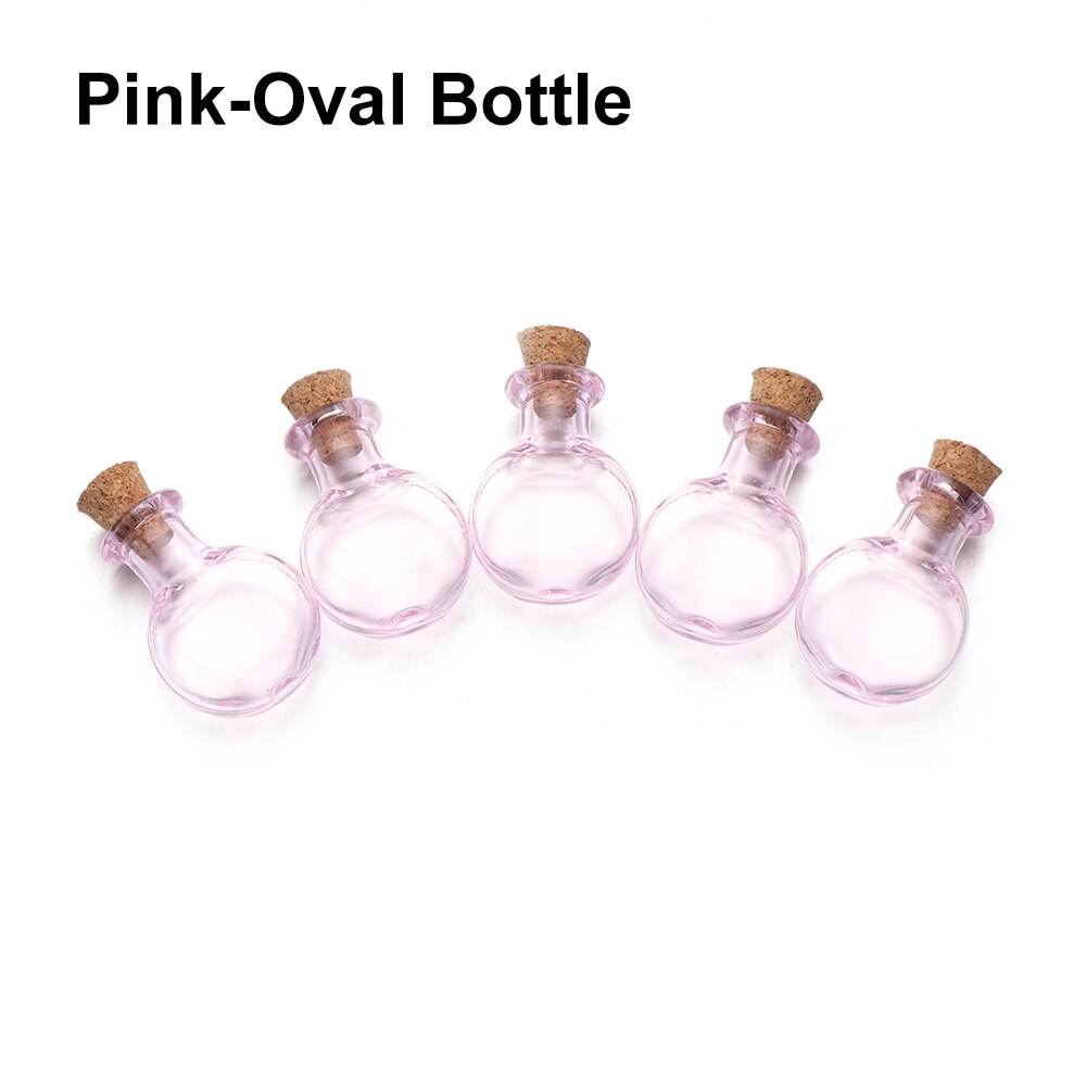 5pcs/pack Mini Glass Cork Bottles Empty Sample Jars Wishing Bottle Wedding Home Decoration Pendants Cork Stopper Storage Vial: Pink-Oval Bottle